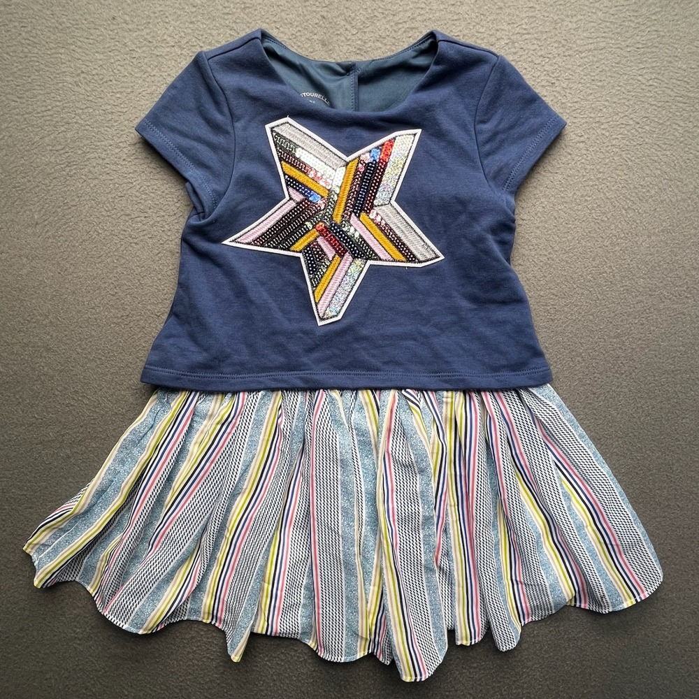 Pastourelle by Pippa & Julie Girls Dress Star Sequin Striped Size 6 Navy Blue